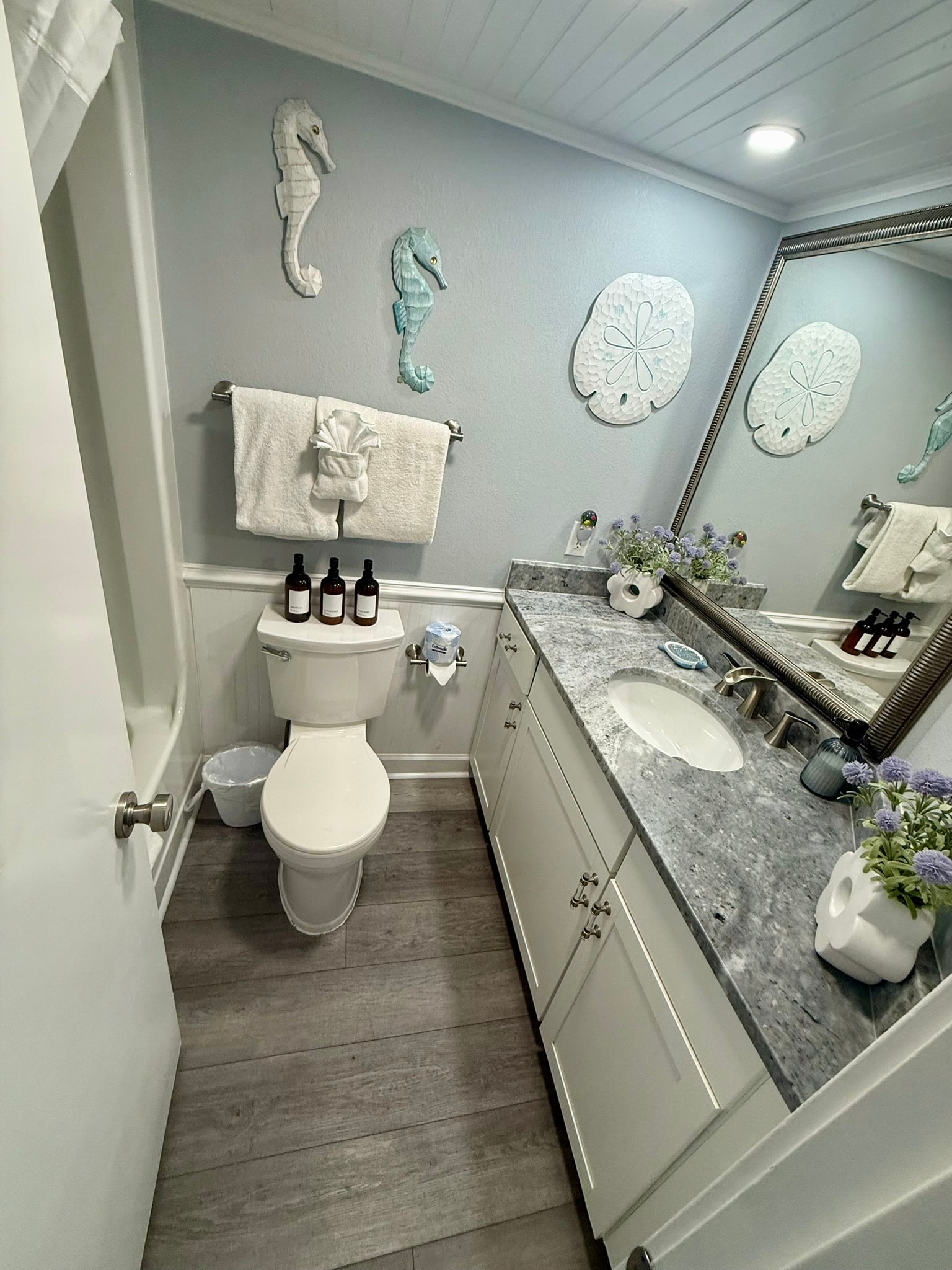 Coastal-themed bathroom with seahorse decor